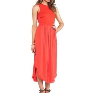 Ulla Johnson Cowrie Dress Coral Red Sleeveless Smocked Raw Hem Midi Size 2
